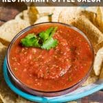 In just 5 minutes you can whip up THE BEST easy restaurant style salsa. Adjust the smoothness and amount of spice to your liking. Serve over your favorite Mexican dinners