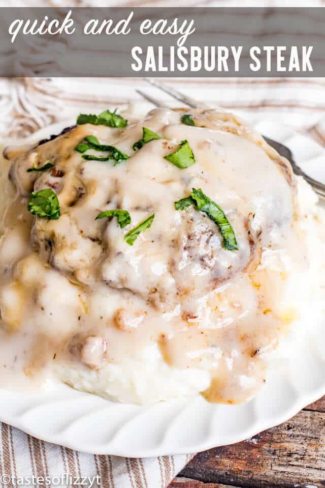Seasoned and browned hamburger patties get baked in a creamy mushroom sauce. This Easy Salisbury Steak is the ideal comforting main dish. Instructions for the slow cooker and then oven. #salisbury #steak #groundbeef #slowcooker #maindish #gravy