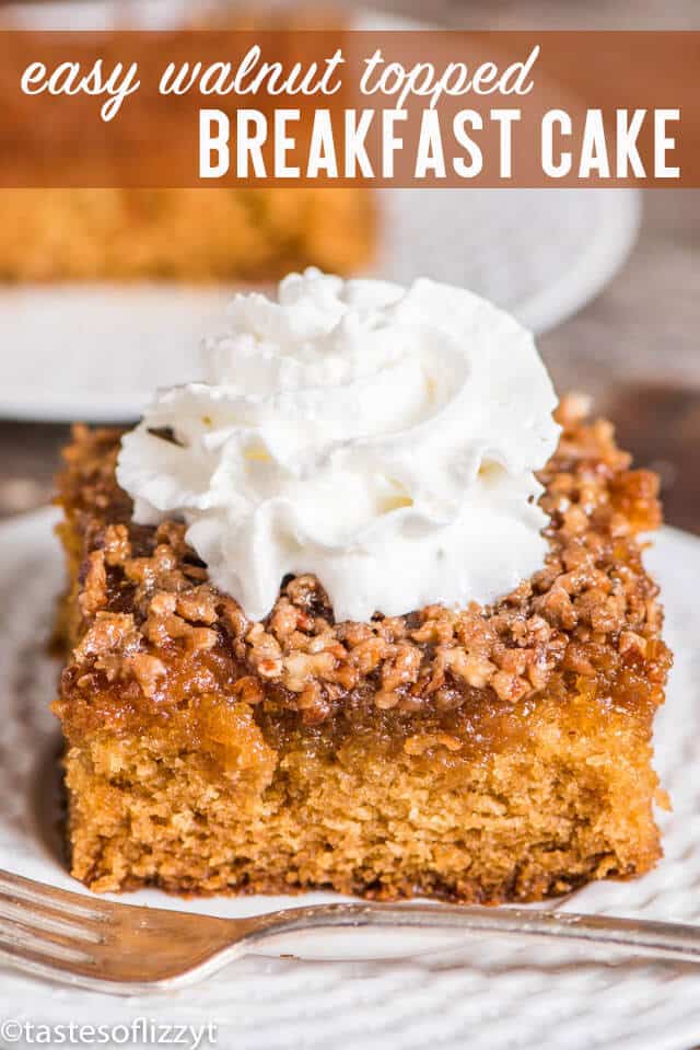 Dessert...or breakfast! This easy walnut #breakfast #cake has a buttery broiled brown sugar nut topping. This cake is ready to serve in under 1 hour...and so perfect for breakfast or #brunch. #dessert #coffeecake #amish #recipe