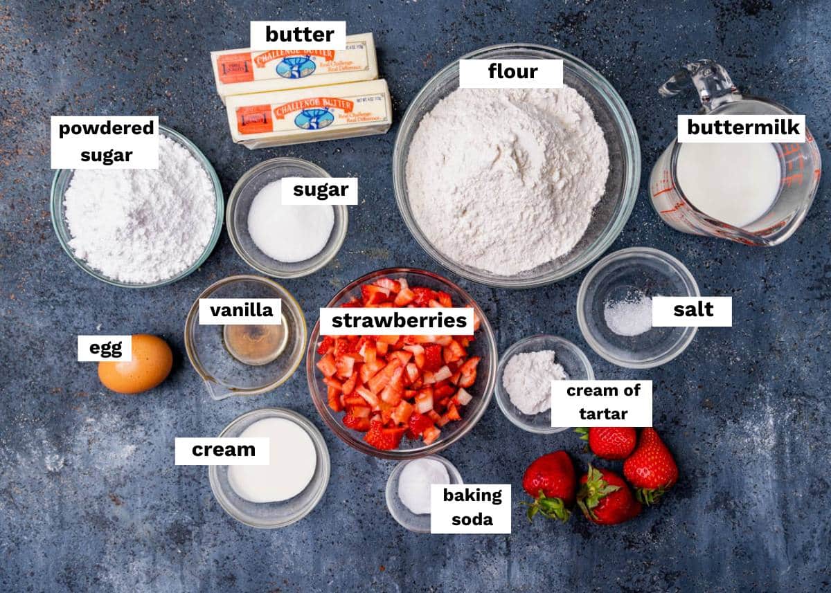 ingredients for strawberry scones on a table