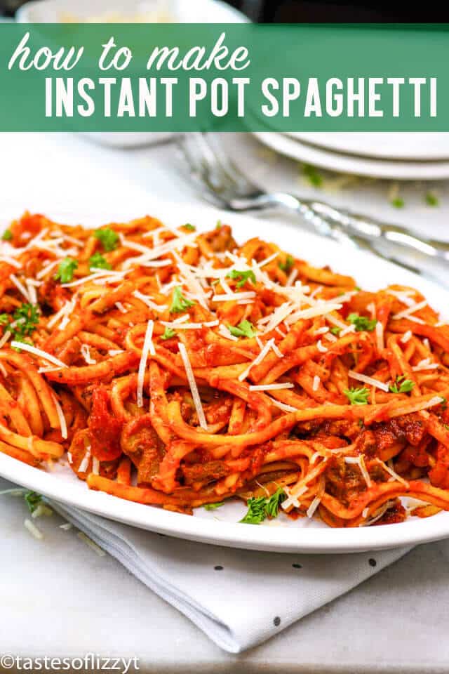 An easy, 1 pot homemade meat sauce cooks together with this spaghetti for a quick dinner. This Instant Pot Spaghetti is a great last-minute dinner idea. Serve with salad and garlic bread for a complete meal. #instantpot #spaghetti #maindish #italian #beef #pasta