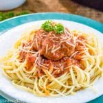 A bowl of pasta sits on a plate, with Meatball and Spaghetti