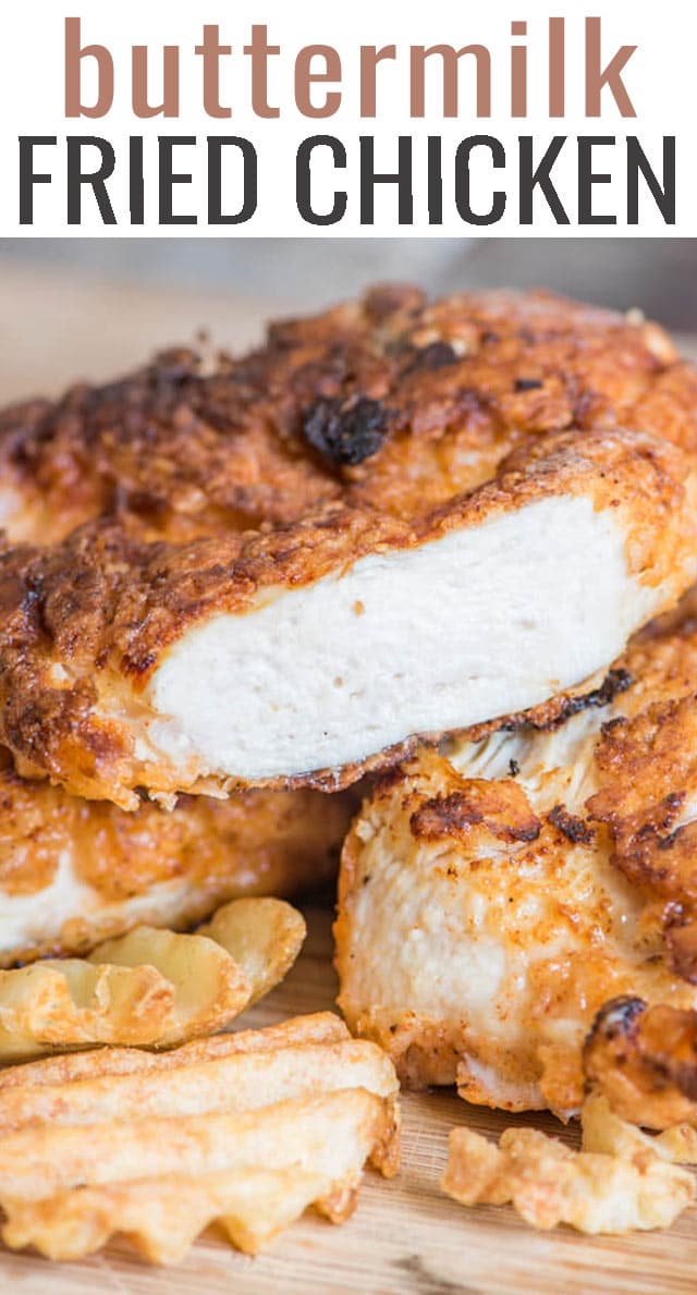 Here is how to make buttermilk fried #chicken! Soak chicken breasts in #buttermilk, dip in flour coating and then fry in a pan for tender, juicy chicken with amazing flavor. #comfortfood #friedchicken via @tastesoflizzyt