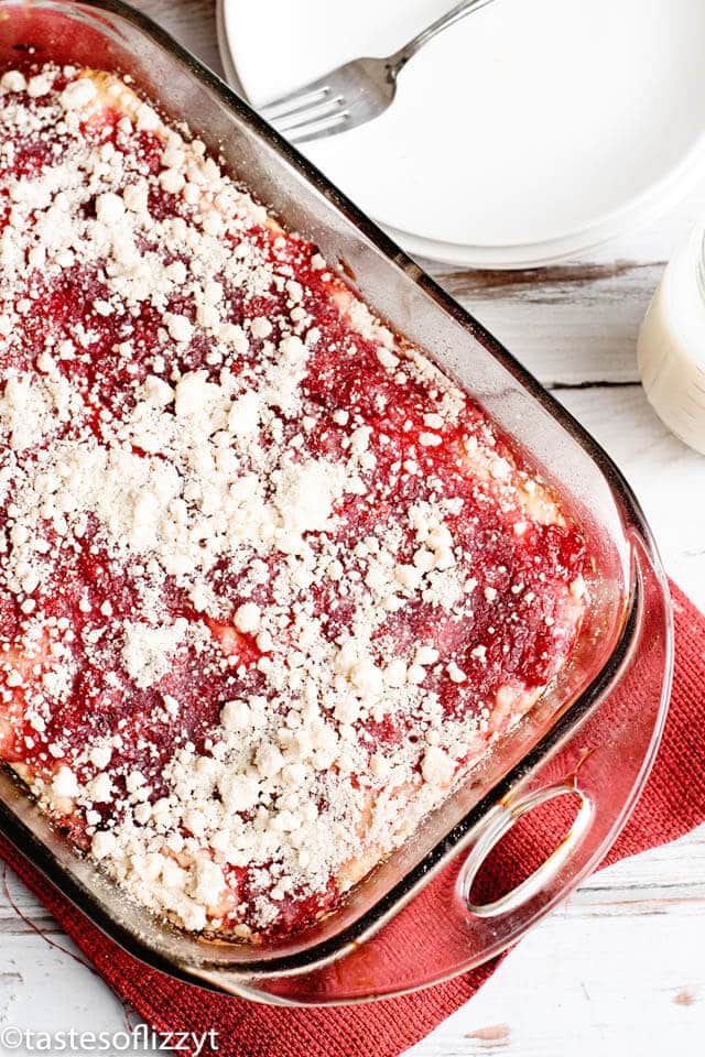 cherry coffee cake in a baking pan