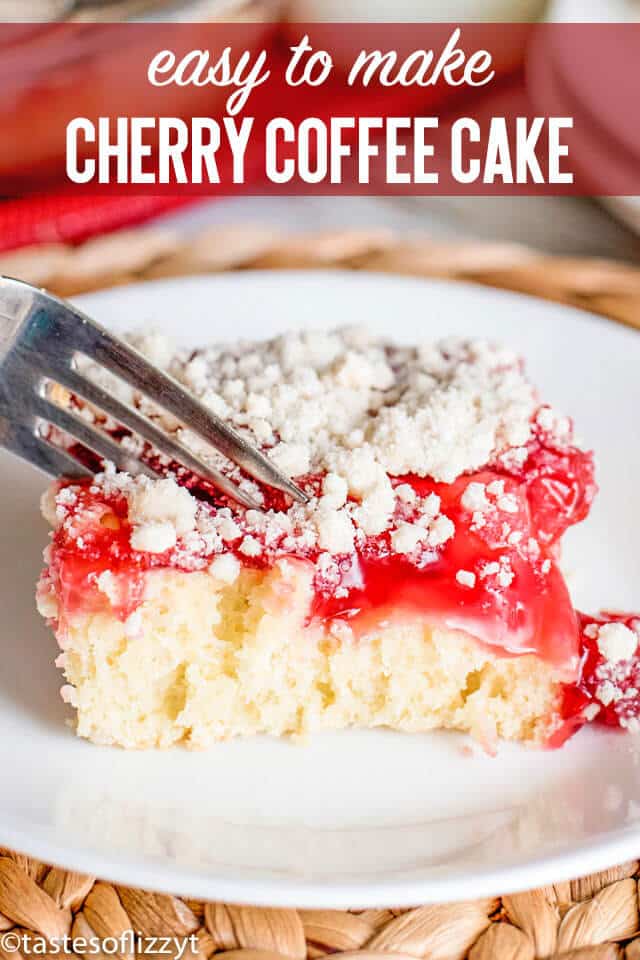 Breakfast, brunch or dessert, this easy cherry coffee cake is easy to make! A homemade cake pairs with canned pie filling...choose whatever pie filling you'd like!