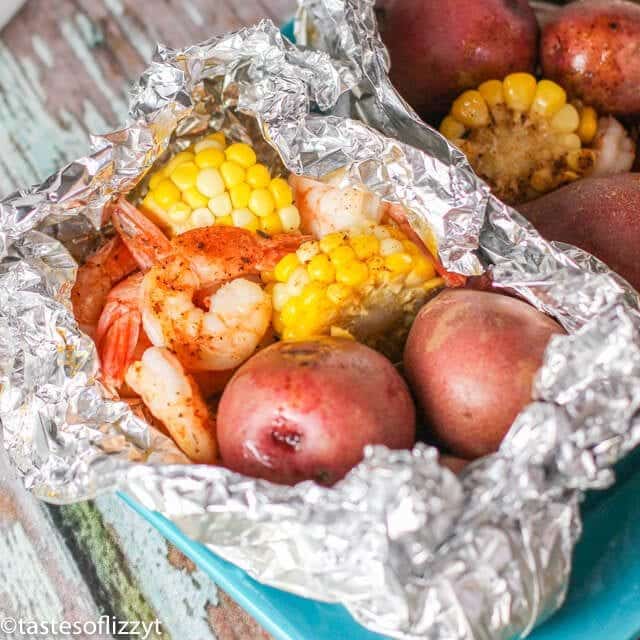 shrimp, corn and potatoes in a foil packet
