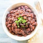 overhead view of a bowl of baked beans