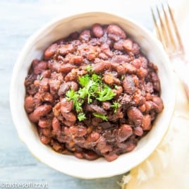 overhead view of a bowl of baked beans