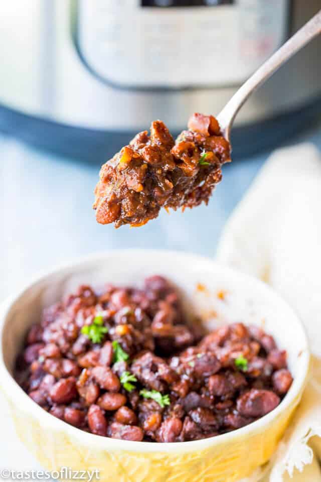 A plate of baked beans on a spoon