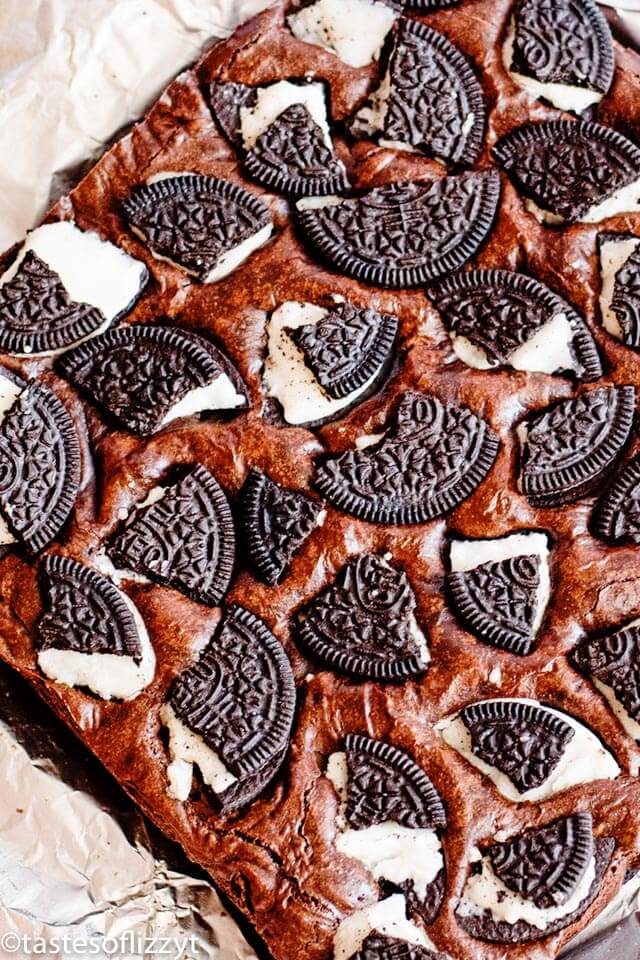 overhead shot of brownies with oreo chunks baked on top