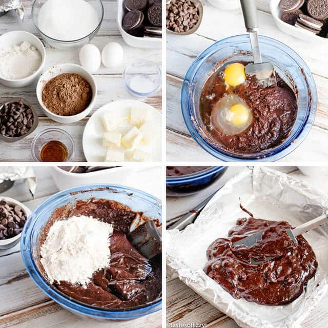 collage of 4 steps on how to make Oreo brownies