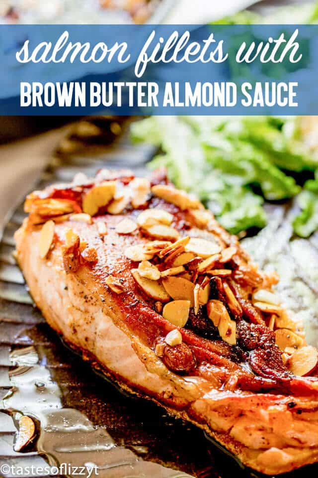 Delicious savory salmon with brown butter almond sauce is an under 30 minute quick dinner recipe that is keto, paleo, low carb and Whole30.