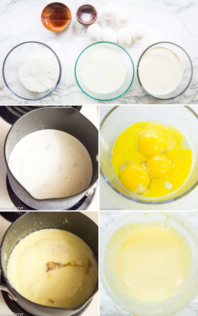 collage of milk and eggs in a pan