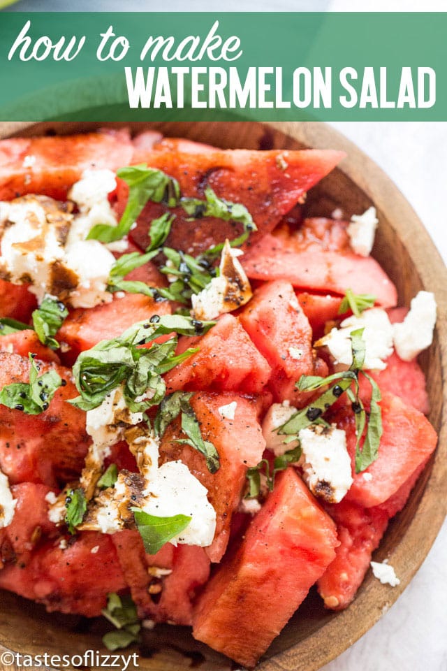 Nothing says summer picnic like this easy watermelon salad recipe. With fresh watermelon and basil, a sprinkling of feta cheese and a savory balsamic reduction, this easy summer side dish is cool and refreshing!