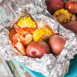 grilled shrimp with potatoes and corn