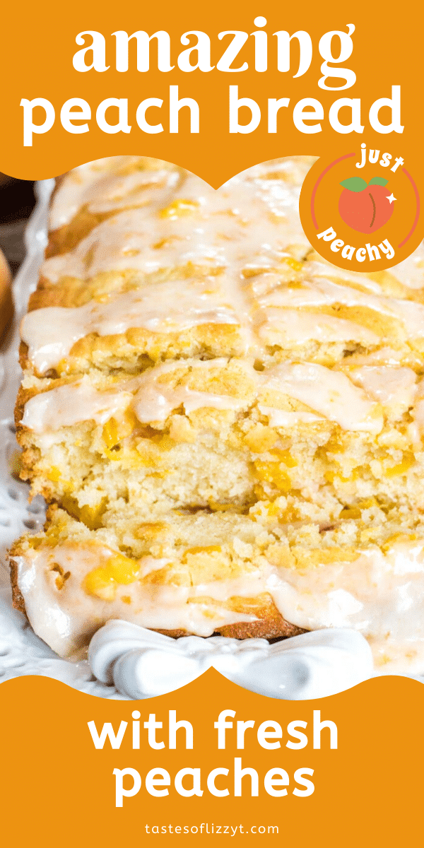 This Peach Bread is a wonderful recipe to incorporate summer peaches. Delicious, moist quick bread full of ripe diced peaches with a easy peach glaze. via @tastesoflizzyt