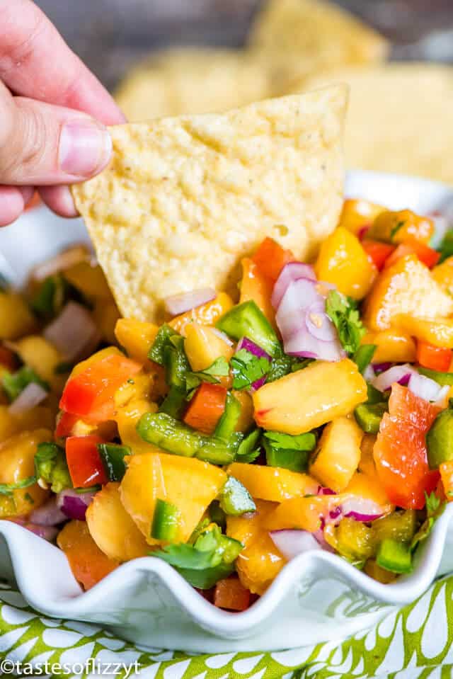 A close up of a person holding a plate of food, with Peach and Salsa