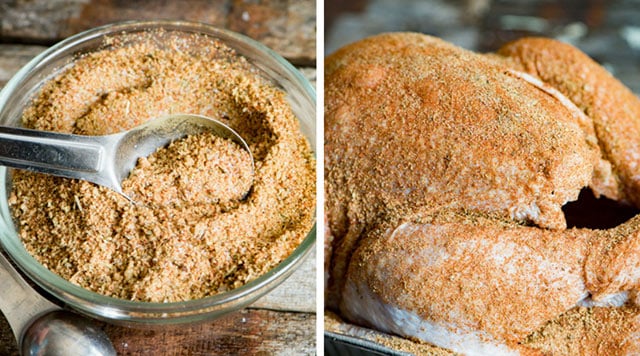 A bowl of food, with turkey rub