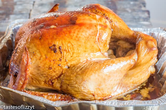 A close up of a whole smoked turkey