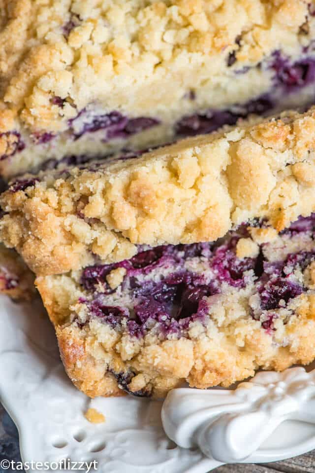 A close up of slices of blueberry bread