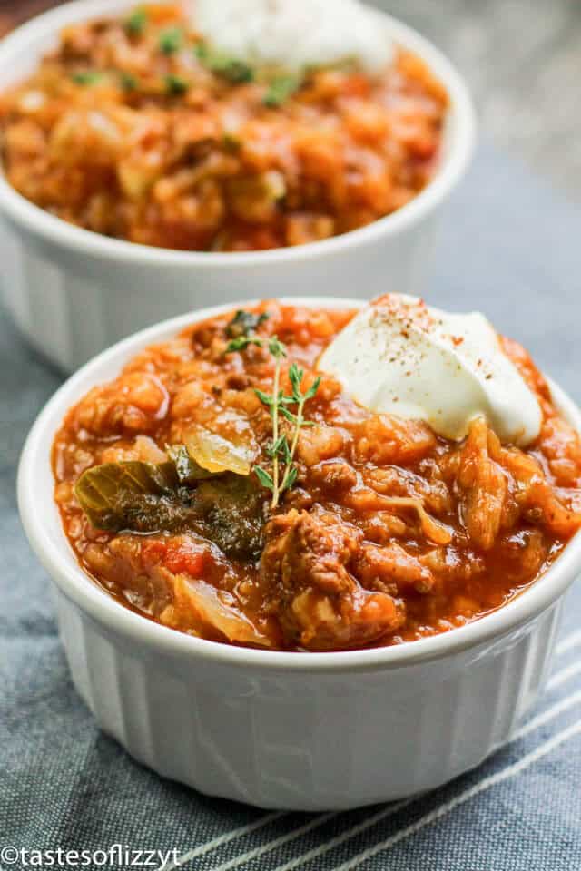 slow cooker cabbage roll soup in bowls