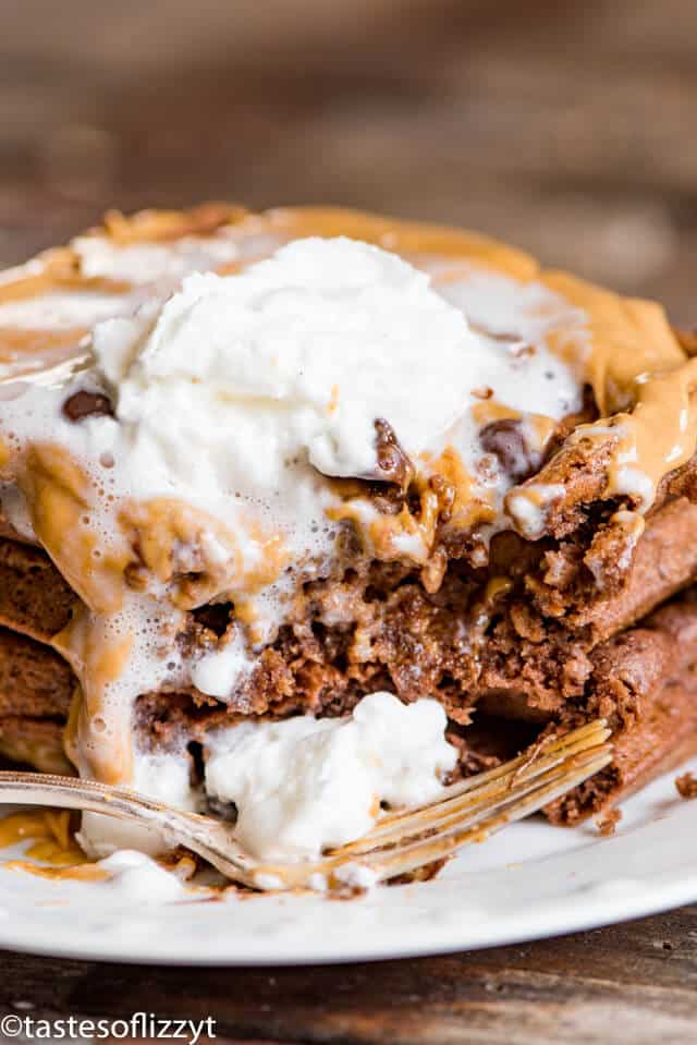 stack of chocolate waffles with bite out