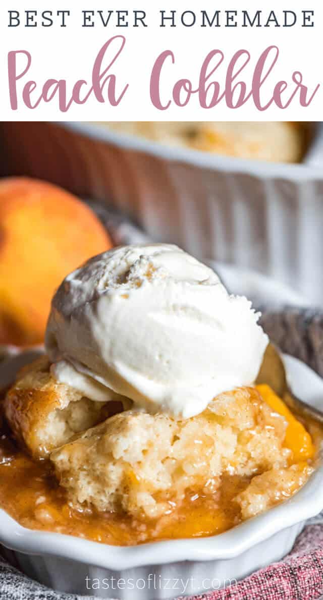 A close up of a plate of peach cobbler