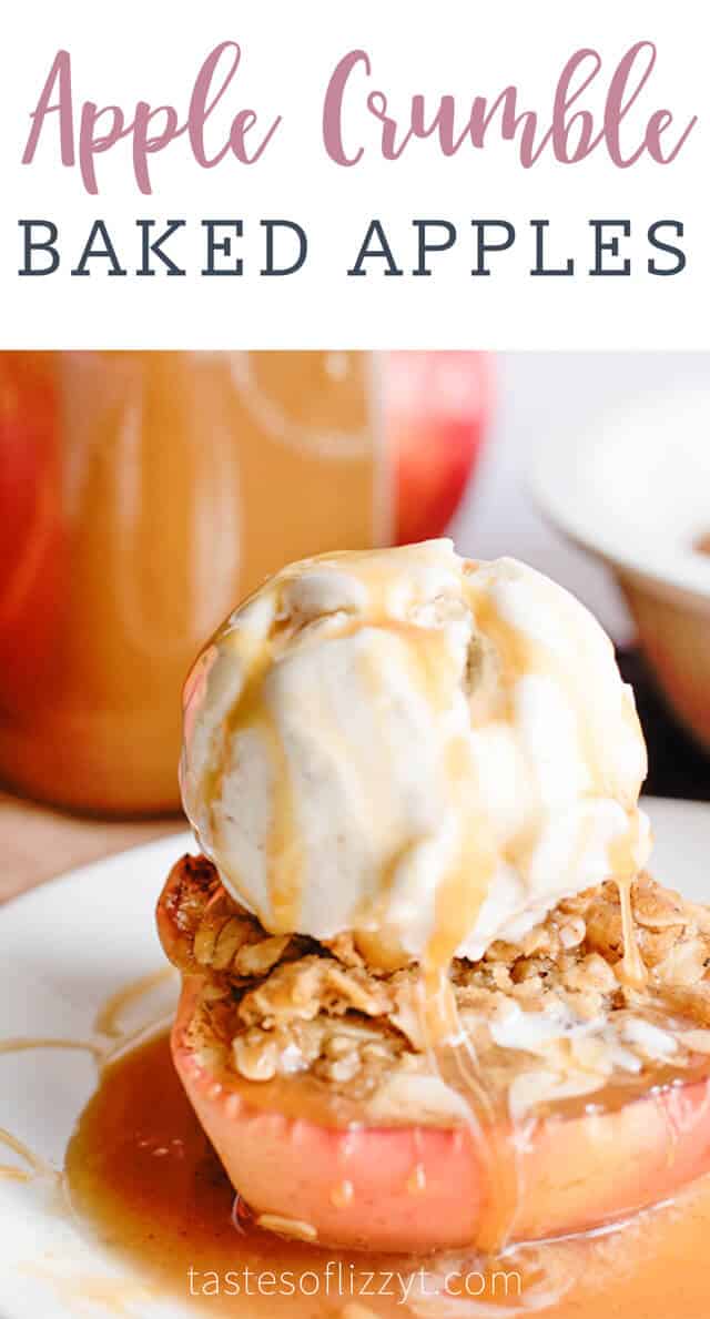 A close up of a baked apple with ice cream