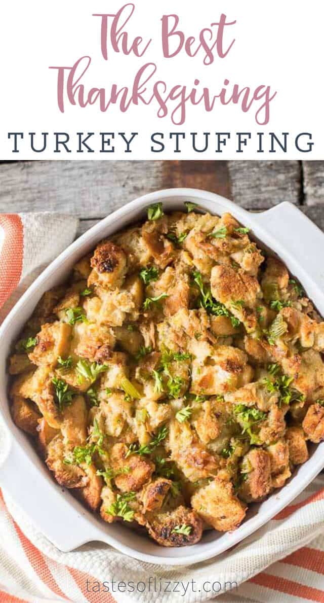 My Grandma's Thanksgiving Turkey Stuffing has stood the test of time. This buttery, savory, melt-in-your-mouth stuffing is the best stuffing recipe around! #stuffing #dressing #turkey #thanksgiving via @tastesoflizzyt