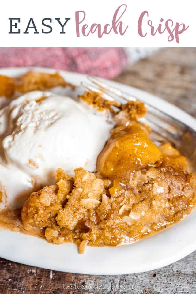 peach crisp on a plate with ice cream