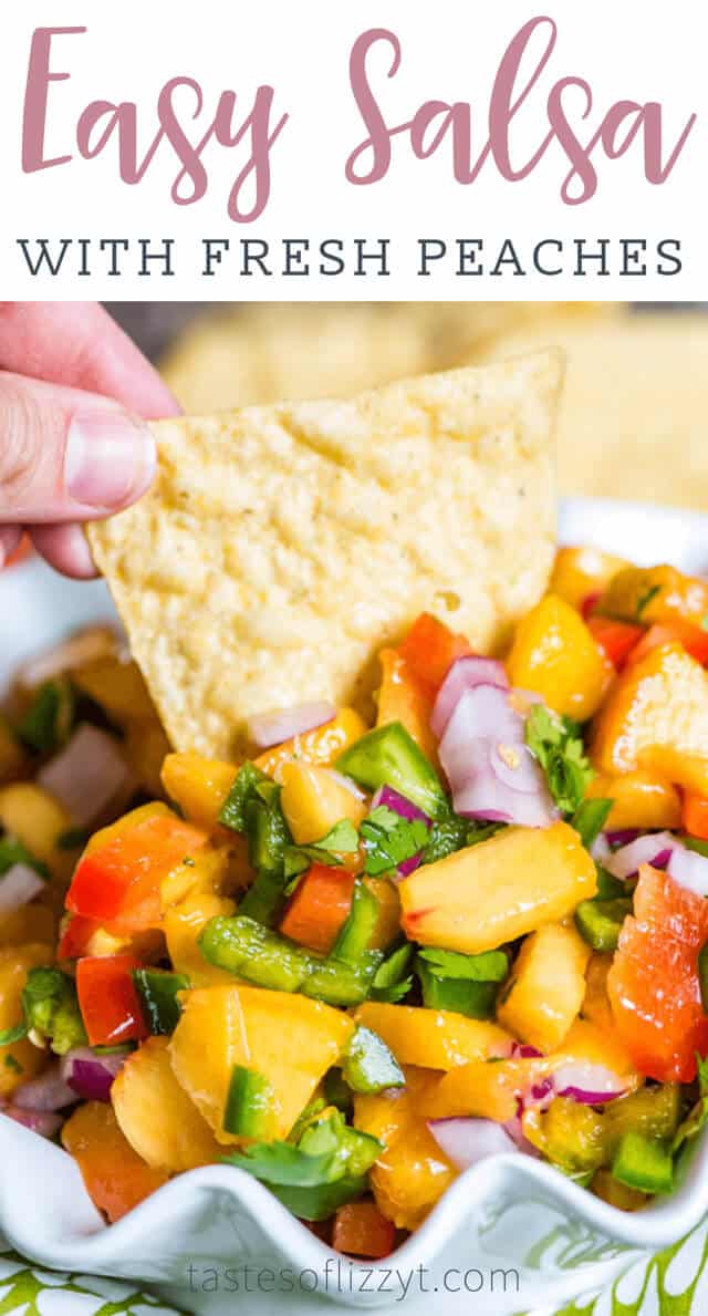 A person holding a plate of food, with Peach and Salsa