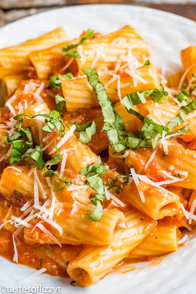 A close up of food on a plate, with Sauce and Rigatoni
