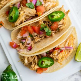 overhead view of shredded chicken tacos