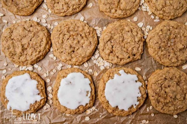 oatmeal cookies on parchment paper with icing