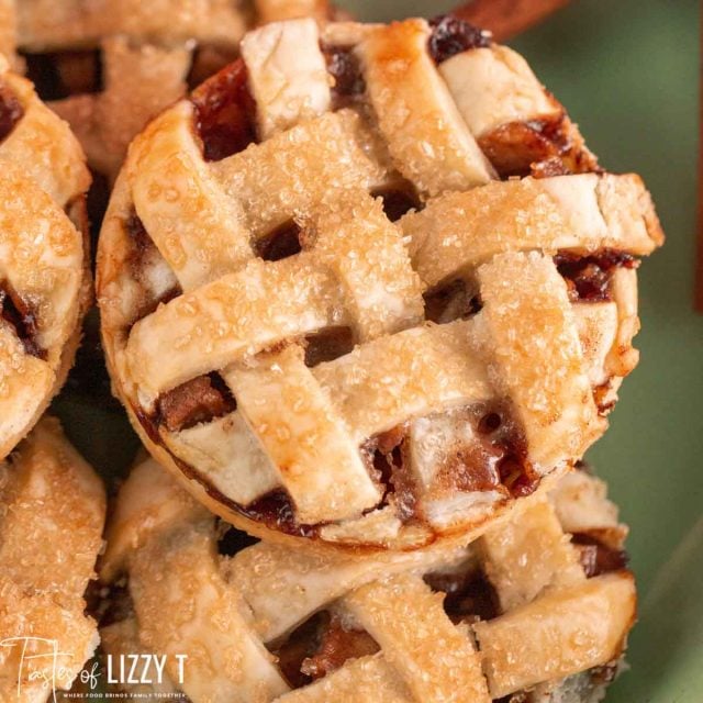 closeup of lattice top mini apple pie