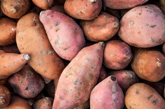 close up image of organic sweet potatoes