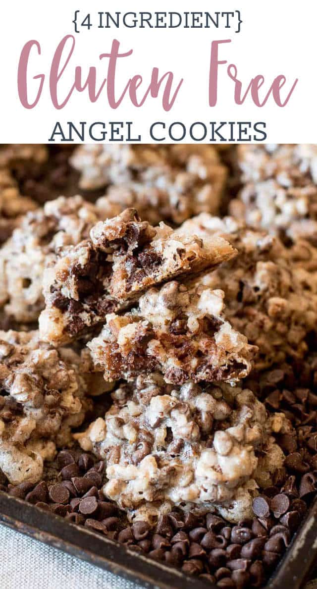 Angel cookies with chocolate and pecans in every bite! 4 ingredient cookies that are gluten free and ready in 15 minutes. You'll love their light and crisp texture.