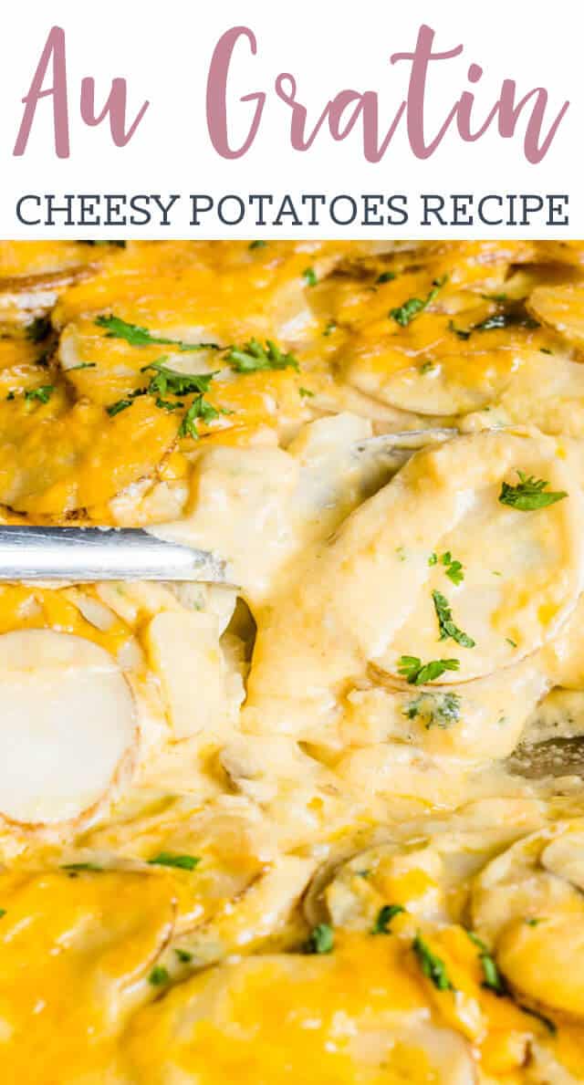 Potatoes Au Gratin are a classic potato side dish that you can make more easily than you may think! Creamy homemade white sauce with melted cheddar make these cheesy potatoes a recipe the family will love.