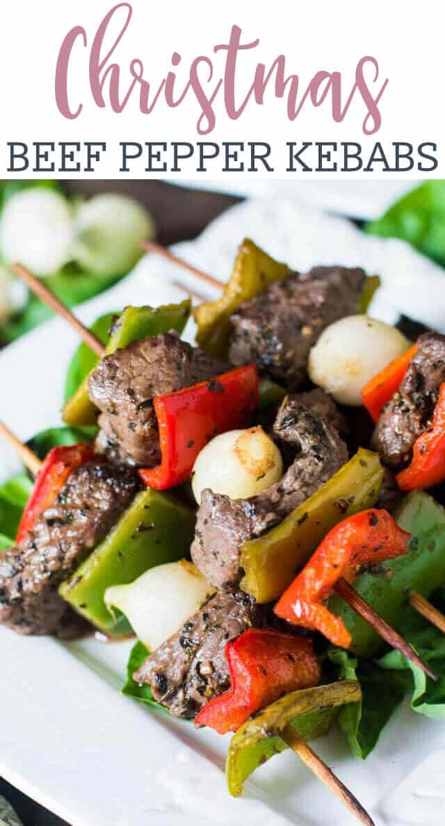  simple tangy and spicy marinade covers these Christmas kebabs with top sirloin steak, peppers and pearl onions.