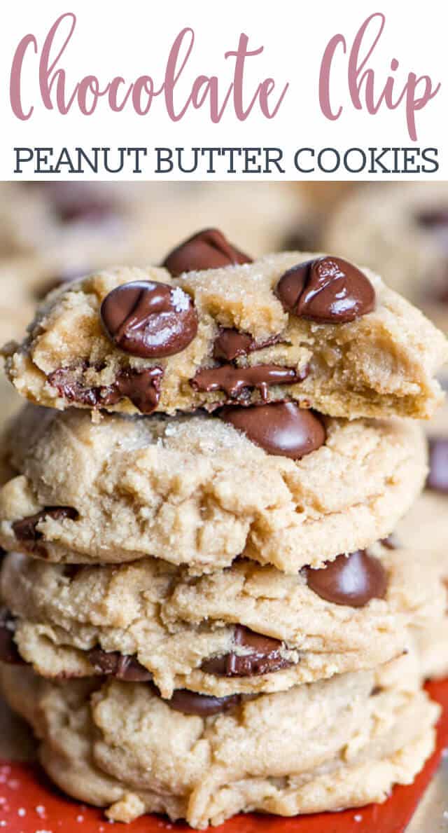 Ultra soft and chewy peanut butter chocolate chip cookies. These easy peanut butter cookies stay soft for days and freeze well. Add chocolate chips, white chocolate chips or even butterscotch chips to this cookie recipe.