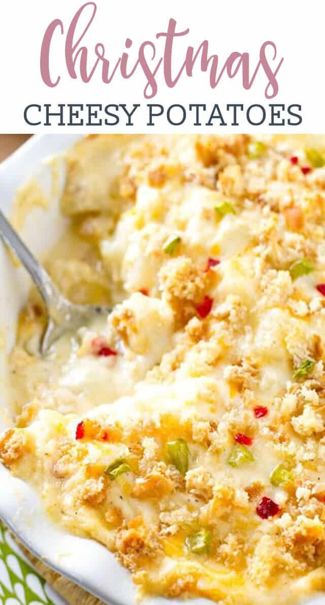 Diced green peppers and pimentos give these Christmas cheesy potatoes a festive look. They're the perfect, comforting side dish to your holiday meal.