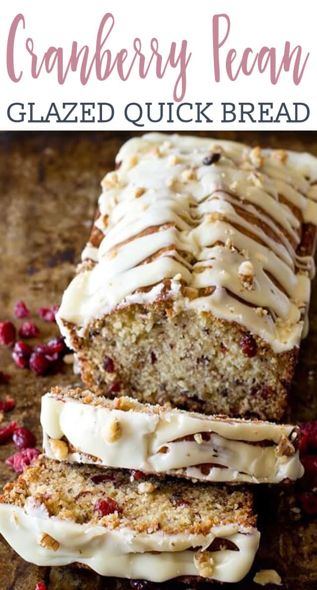 Sweet, moist quick bread full of dried cranberries and pecans. This cranberry pecan bread with white chocolate glaze would make a great hostess gift.