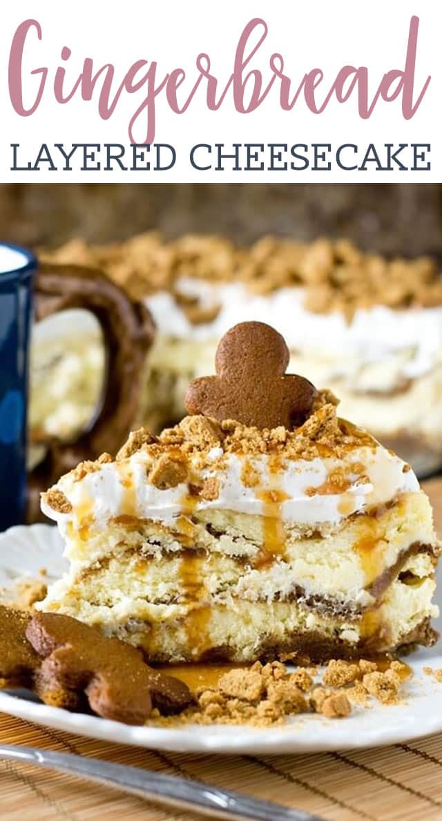 Thick, rich, gingerbread cheesecake layered with gingerbread loaf batter. Spiced whipped topping, crushed gingersnaps and caramel top this decadent, holiday dessert.