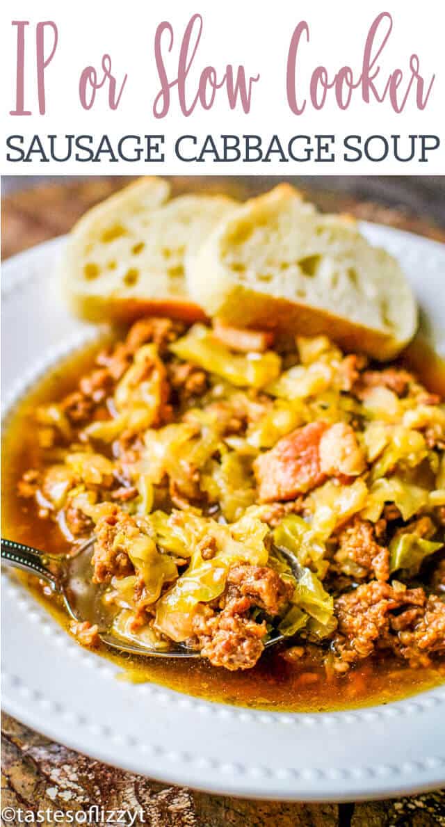 closeup of sausage cabbage soup title image