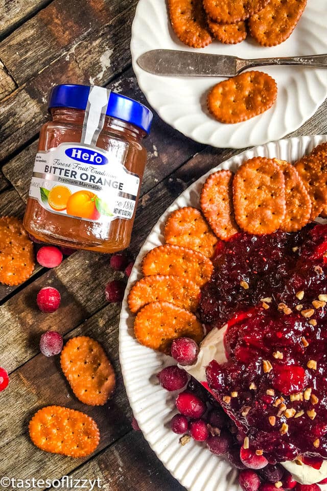 overhead view of cranberry orange dip with crackers