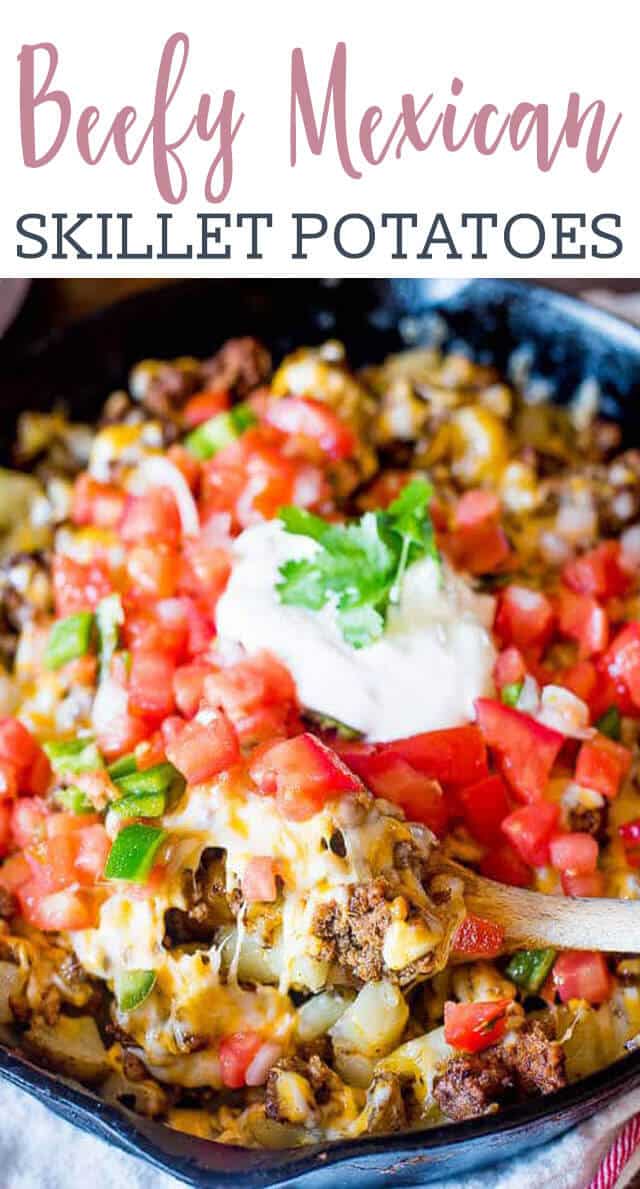 Top golden brown potatoes with your favorite taco ingredients for gluten-free skillet Mexican potatoes the family will love.