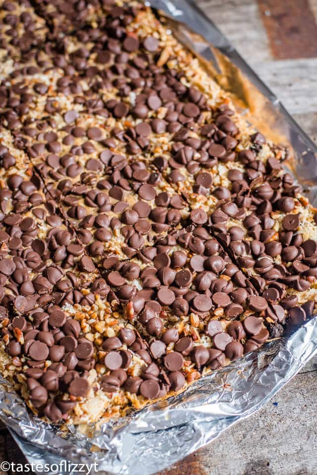 pan of magic cookie bars made with pumpkin spice and Oreo cookie crust