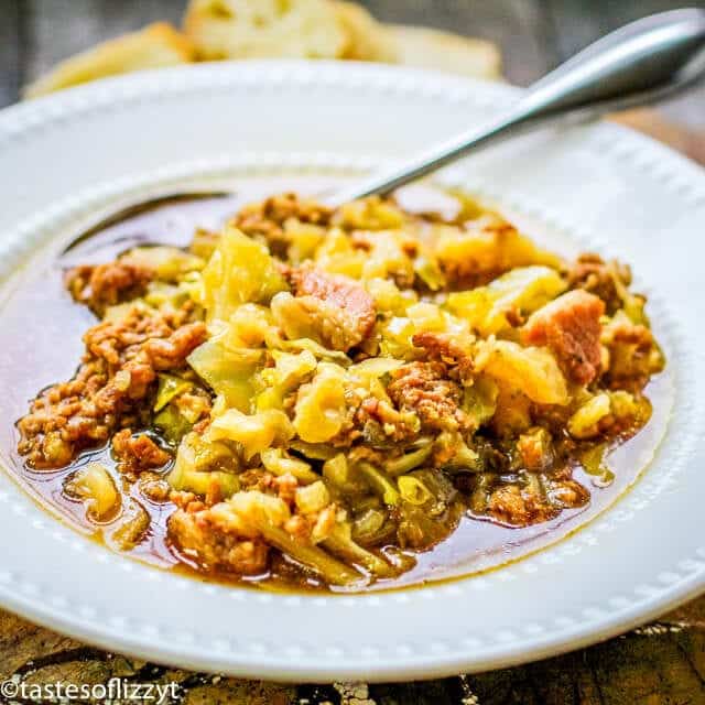 sausage cabbage soup in a bowl