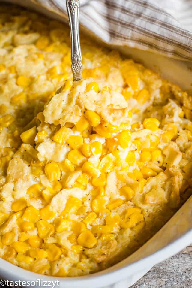 scalloped corn in a casserole dish