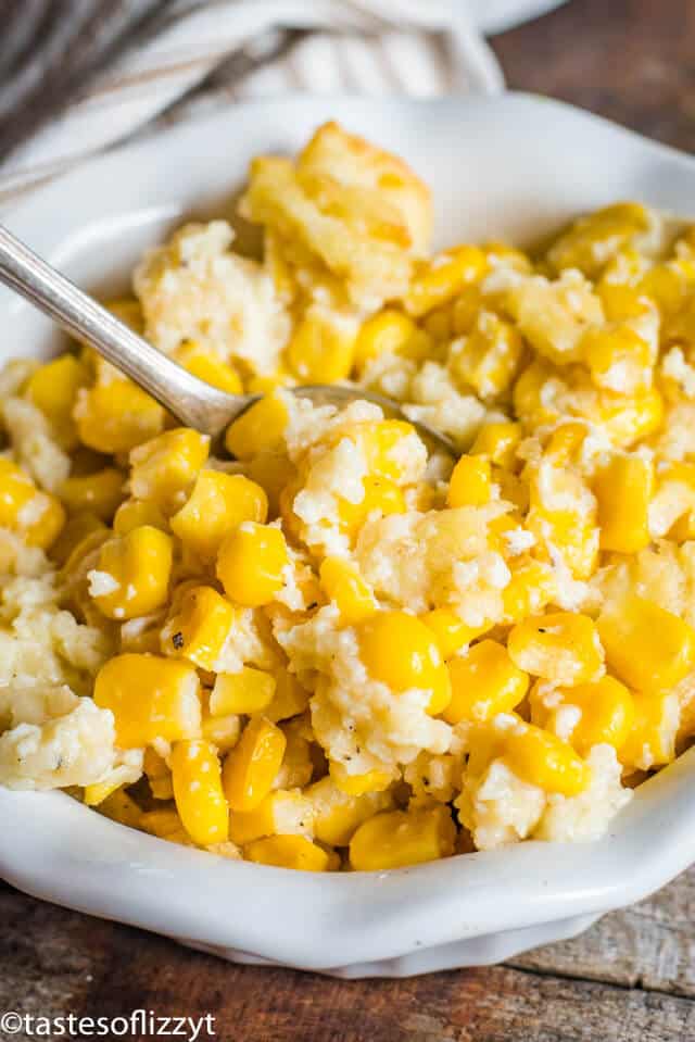 scalloped corn with saltine crackers in a bowl